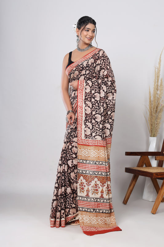 Hand Block Printed Green Floral Cotton Mulmul Saree with Blouse Piece