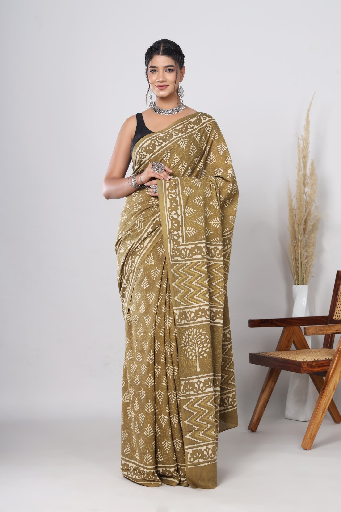 Hand Block Printed Green Floral Cotton Mulmul Saree with Blouse Piece