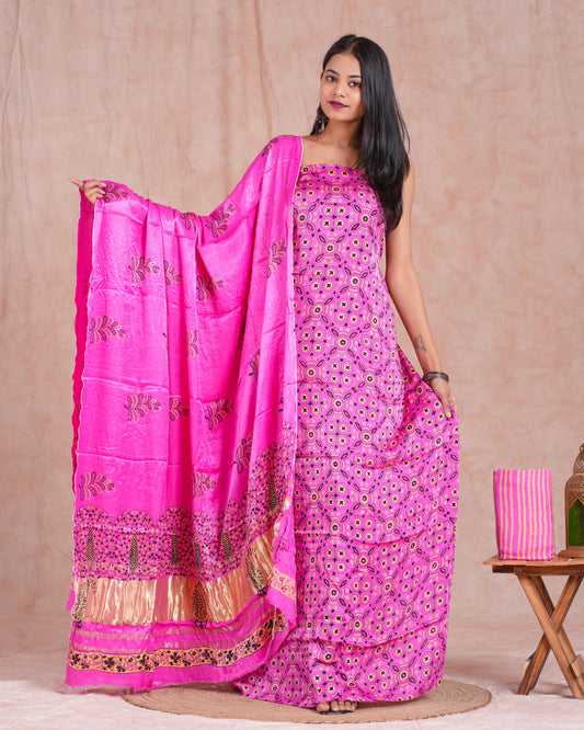 Hand Block Printed Modal Silk Suit with Modal Silk Lagdi Patta Dupatta