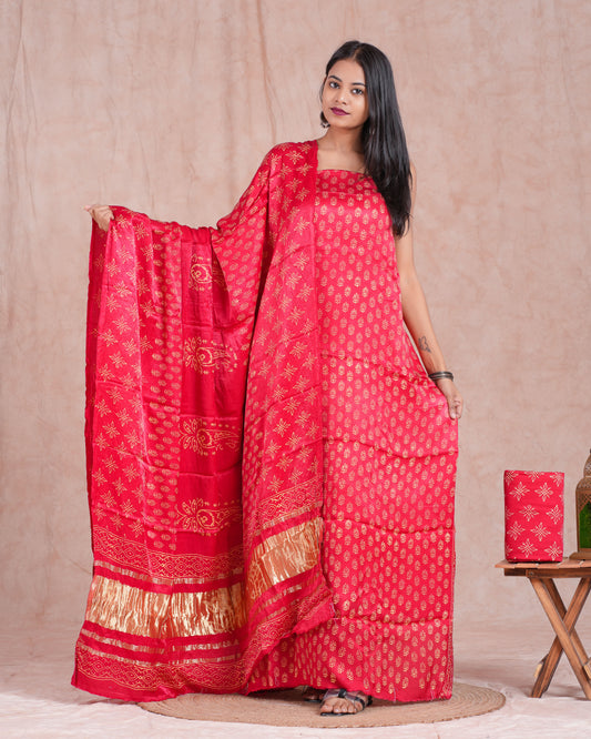 Hand Block Printed Modal Silk Suit with Modal Silk Lagdi Patta Dupatta