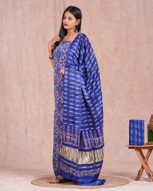 Hand Block Printed Modal Silk Suit with Modal Silk Lagdi Patta Dupatta