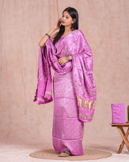 Hand Block Printed Modal Silk Suit with Modal Silk Lagdi Patta Dupatta
