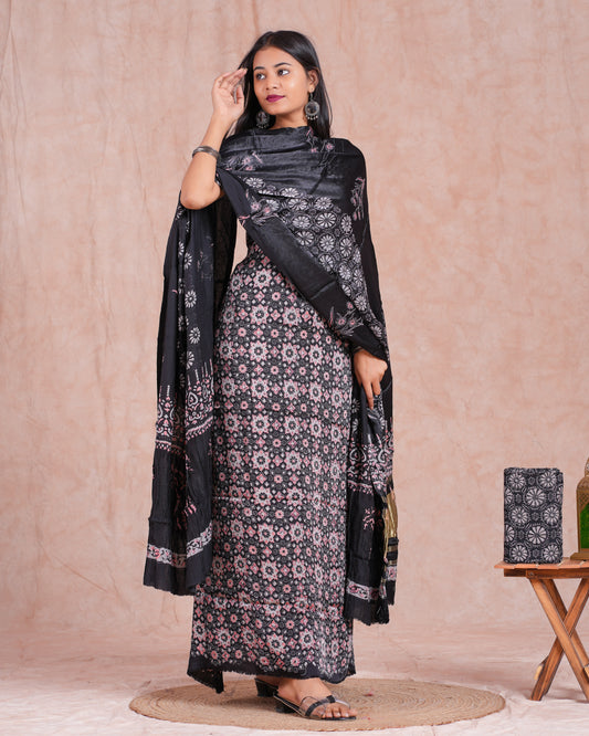 Hand Block Printed Modal Silk Suit with Modal Silk Lagdi Patta Dupatta