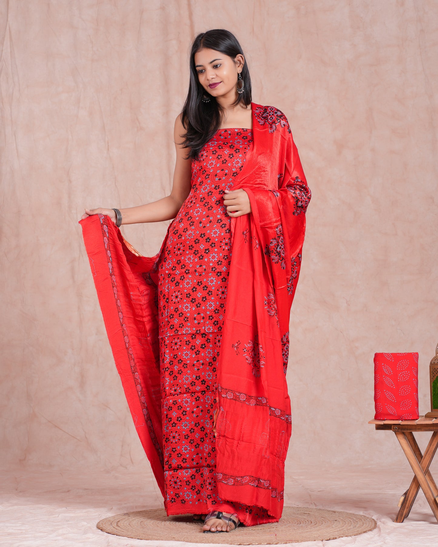 Hand Block Printed Modal Silk Suit with Modal Silk Lagdi Patta Dupatta