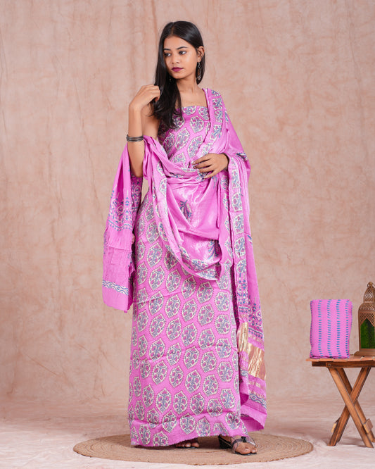 Hand Block Printed Modal Silk Suit with Modal Silk Lagdi Patta Dupatta