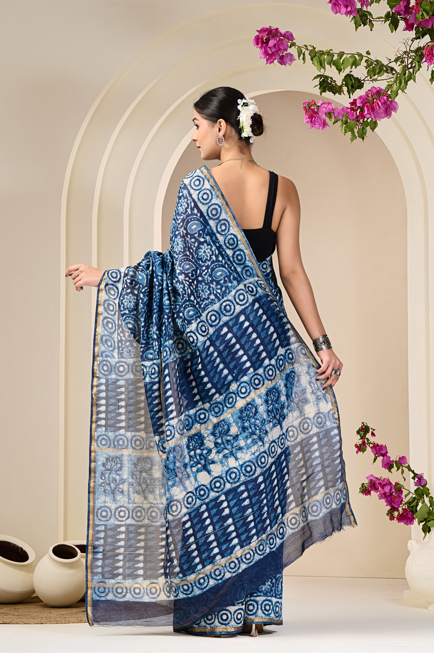 Chanderi Silk Hand Block Printed Saree with Blouse Piece