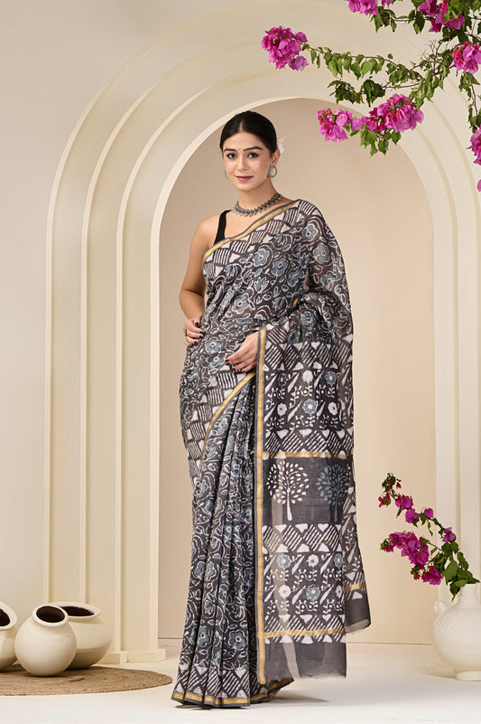 Chanderi Silk Hand Block Printed Saree with Blouse Piece