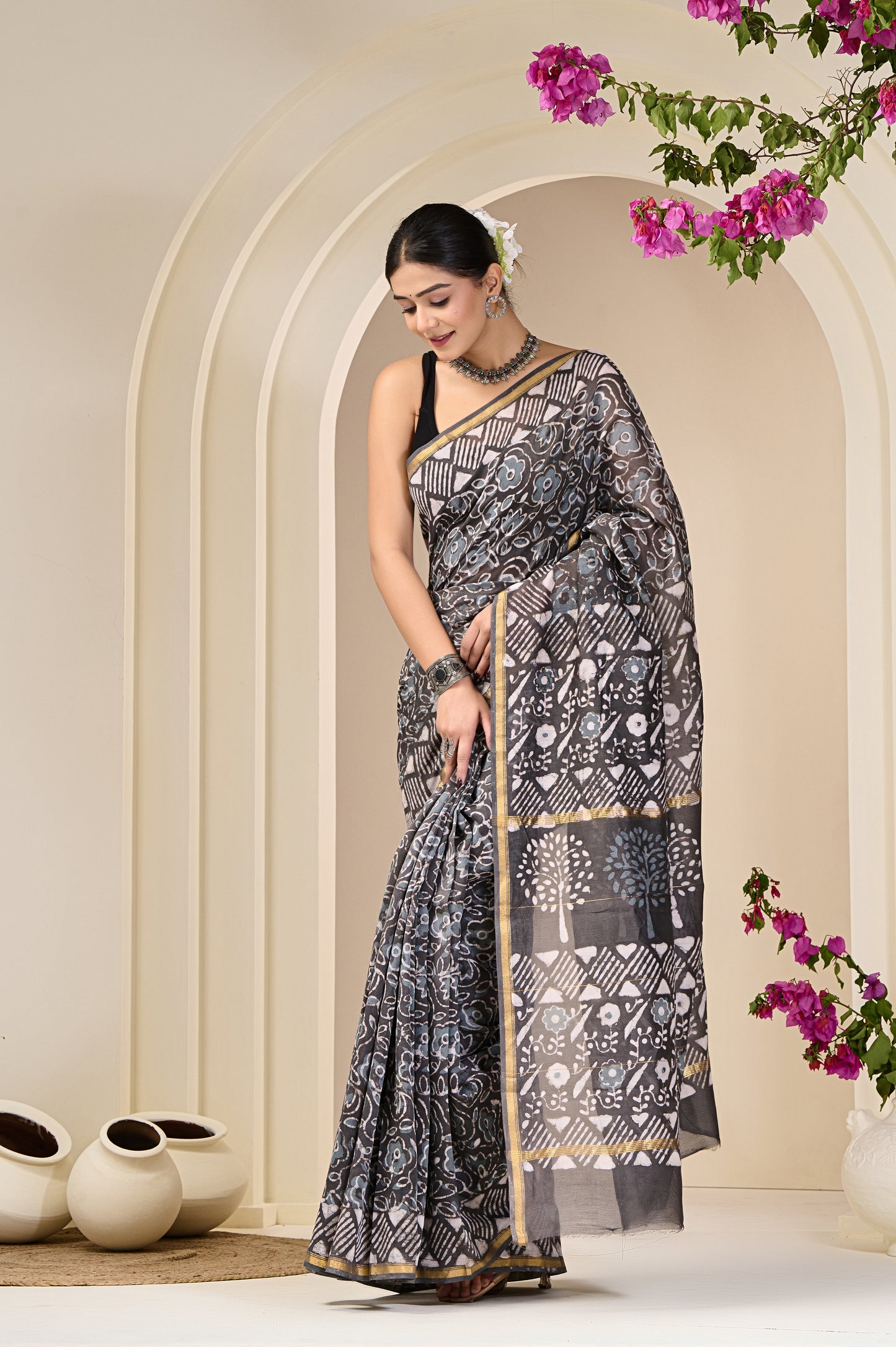 Chanderi Silk Hand Block Printed Saree with Blouse Piece