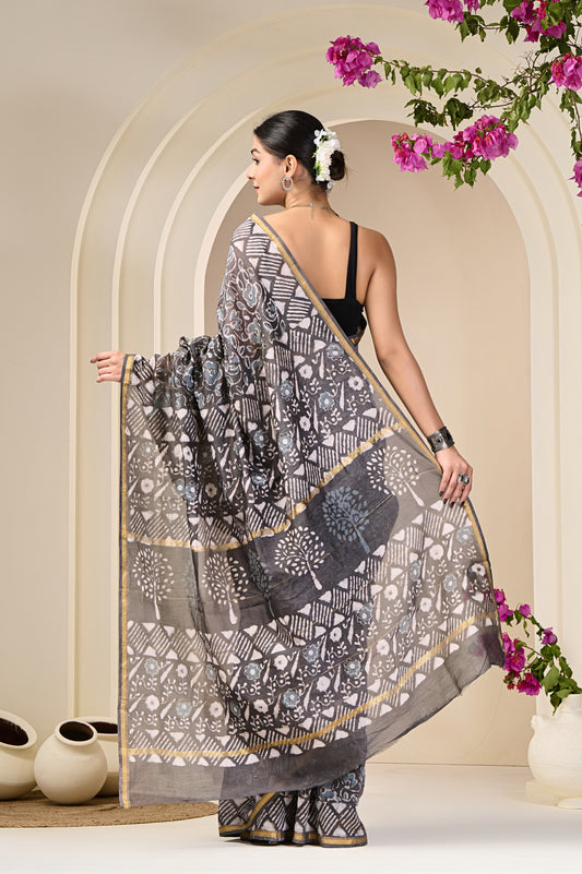 Chanderi Silk Hand Block Printed Saree with Blouse Piece