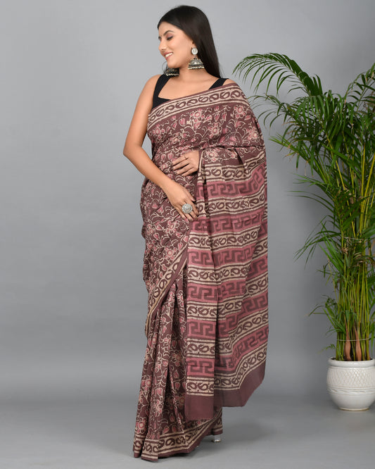 (SALE) Hand Block Printed Floral Cotton Mulmul Saree with Blouse Piece