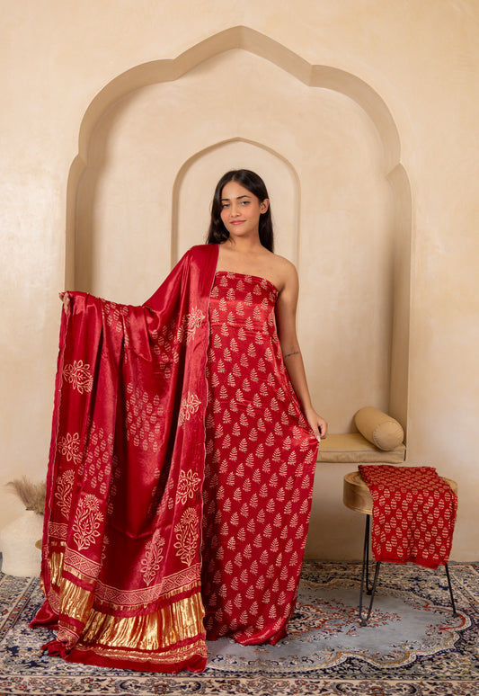 Hand Block Printed Modal Silk Suit with Modal Silk Lagdi Patta Dupatta
