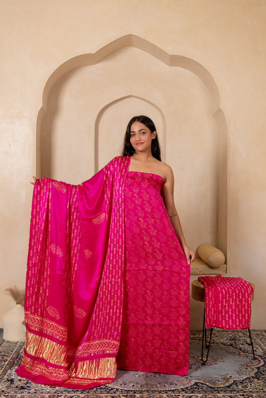 Hand Block Printed Modal Silk Suit with Modal Silk Lagdi Patta Dupatta