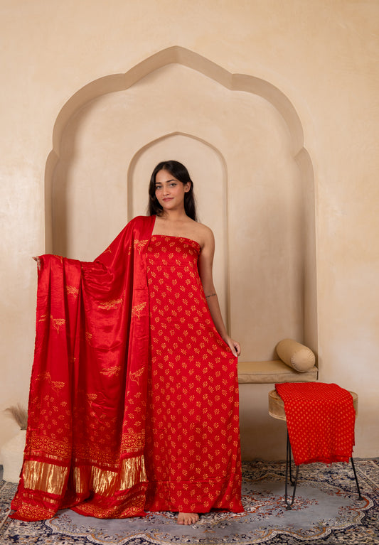 Hand Block Printed Modal Silk Suit with Modal Silk Lagdi Patta Dupatta