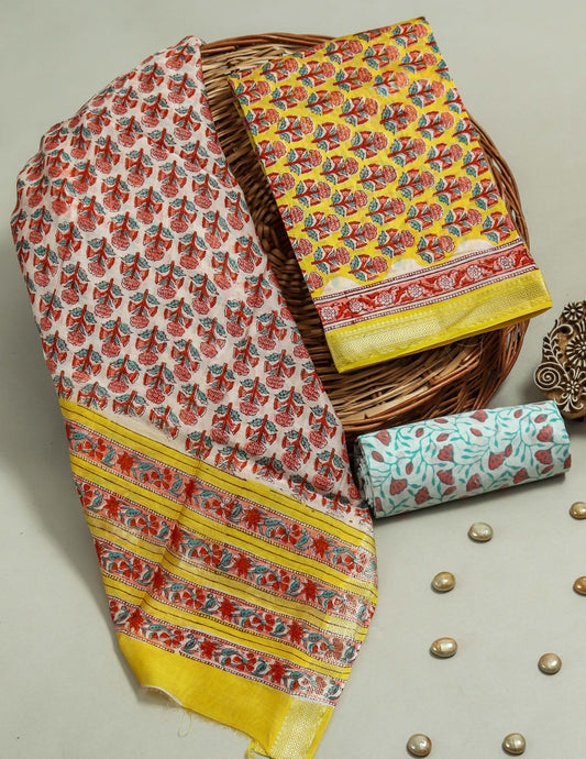 Hand Block Printed Maheshwari Silk Suit with Maheshwari Silk Dupatta