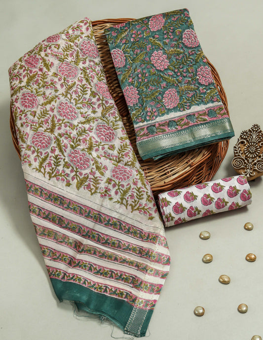 Hand Block Printed Maheshwari Silk Suit with Maheshwari Silk Dupatta