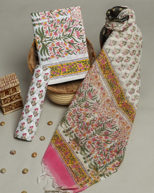 Hand Block Printed Cotton Suit with Chanderi Dupatta