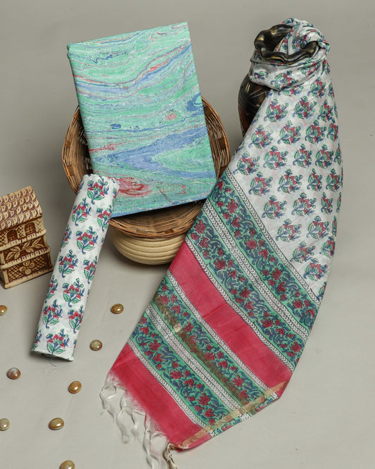 Hand Block Printed Cotton Suit with Chanderi Dupatta