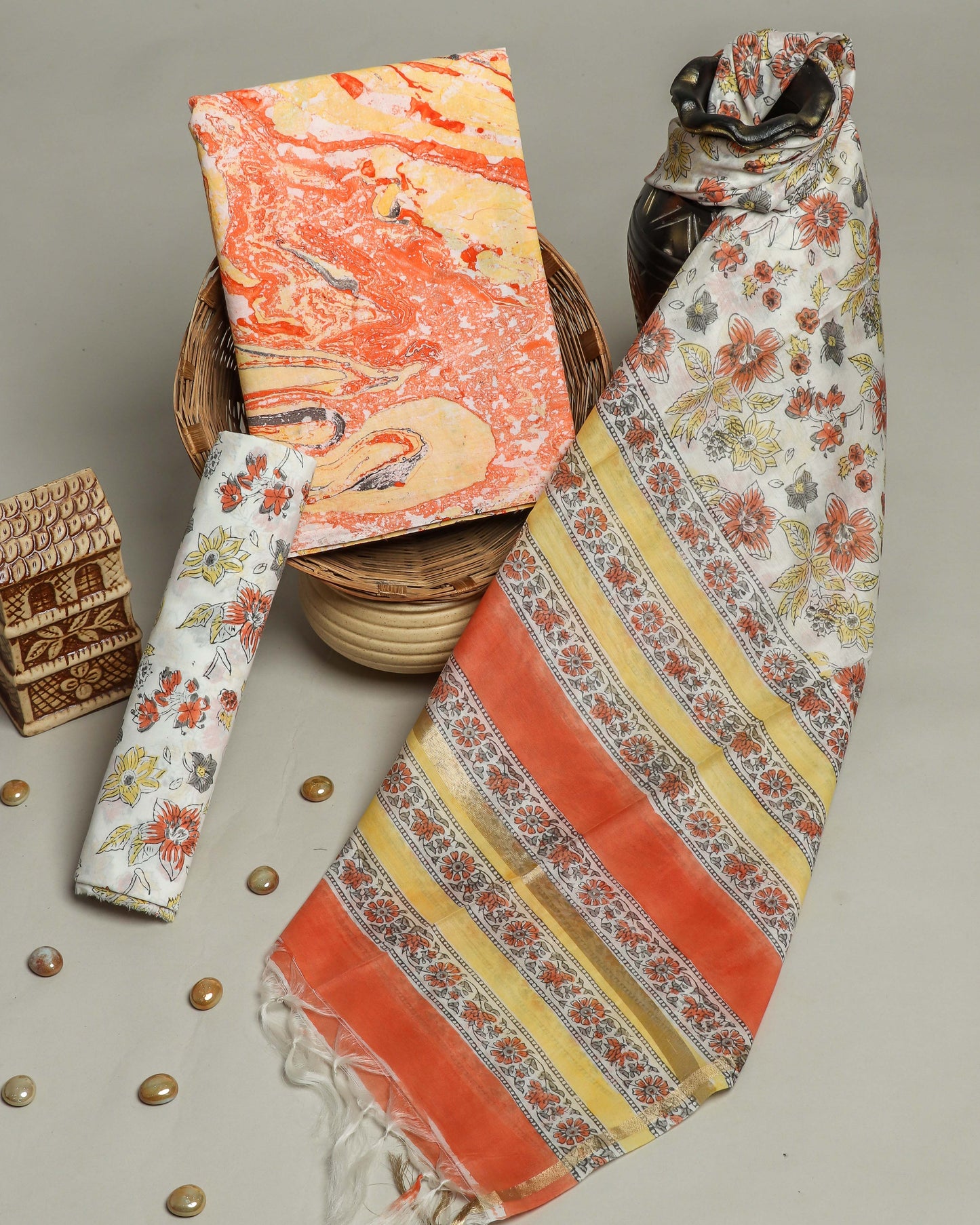 Hand Block Printed Cotton Suit with Chanderi Dupatta