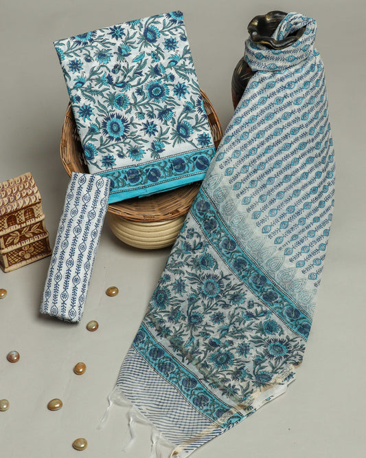 Hand Block Printed Cotton Suit with Chanderi Dupatta