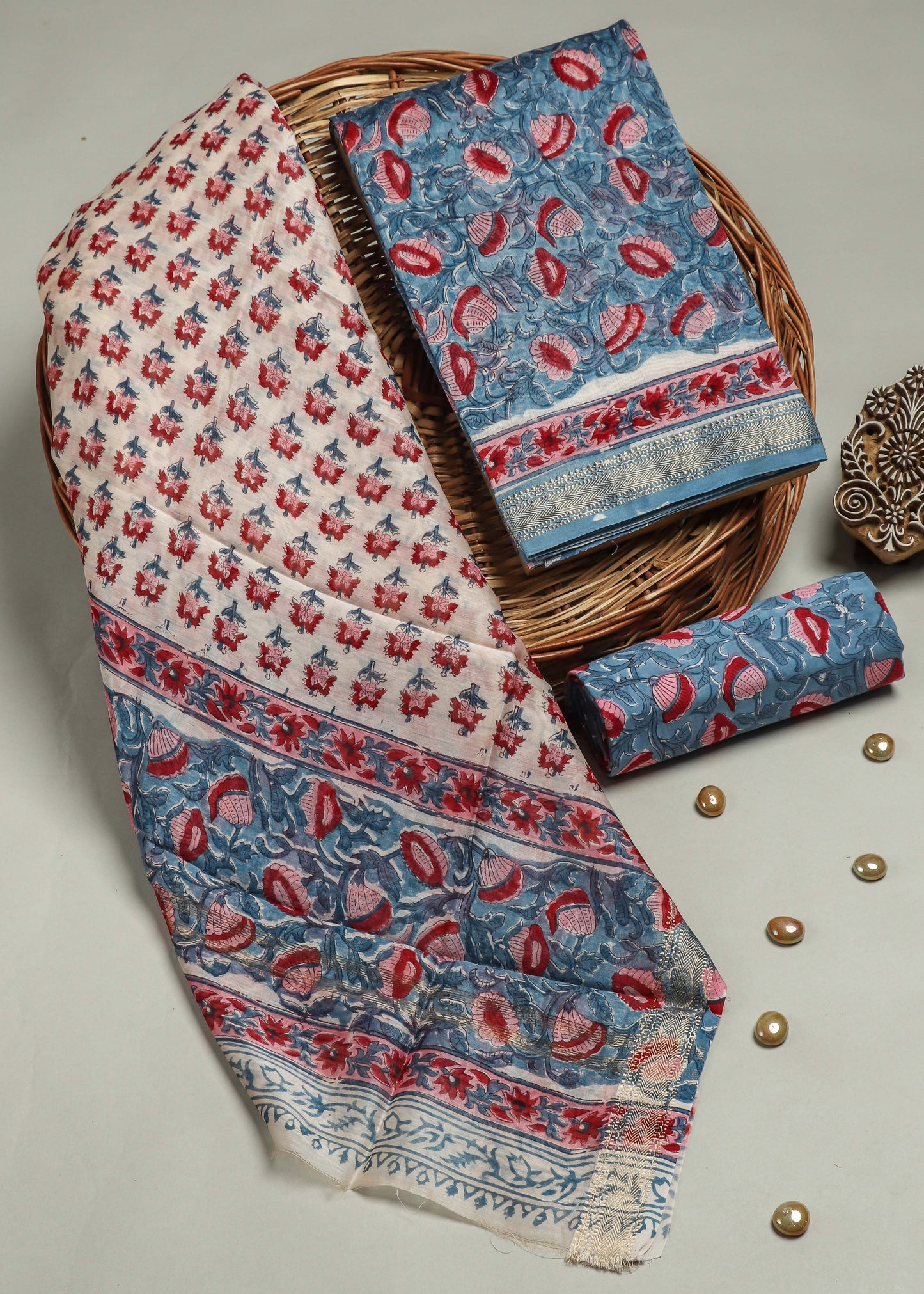 Hand Block Printed Maheshwari Silk Suit with Maheshwari Silk Dupatta