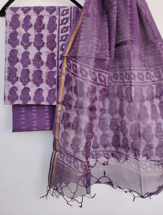 HAND BLOCK PRINTED COTTON SUIT WITH KOTA DORIA DUPATTA