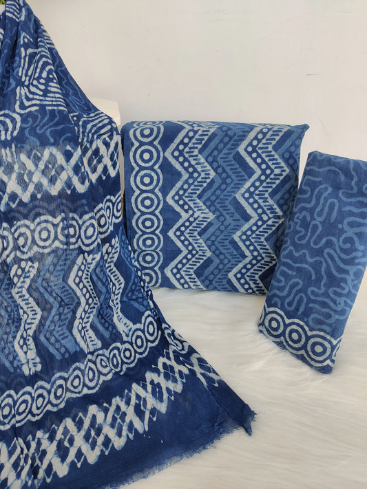 (SALE) HAND BLOCK PRINTED COTTON SUIT WITH PURE CHIFFON DUPATTA