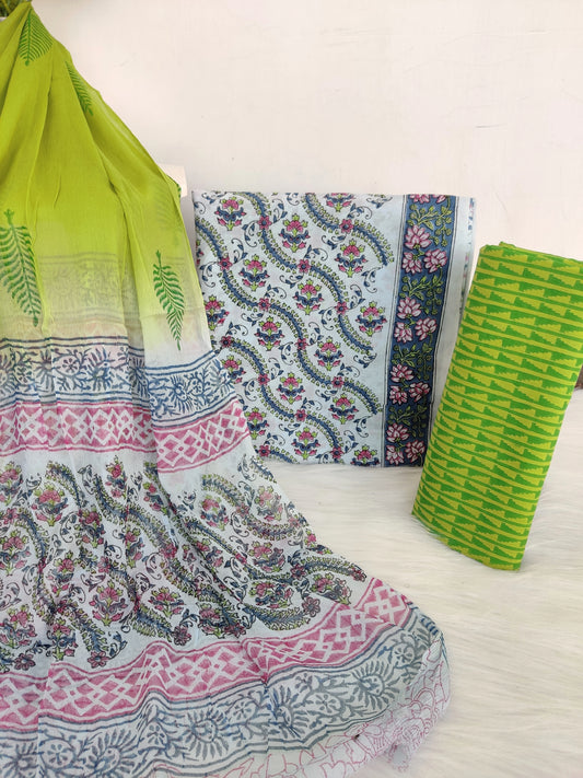 HAND BLOCK PRINTED COTTON SUIT WITH PURE CHIFFON DUPATTA