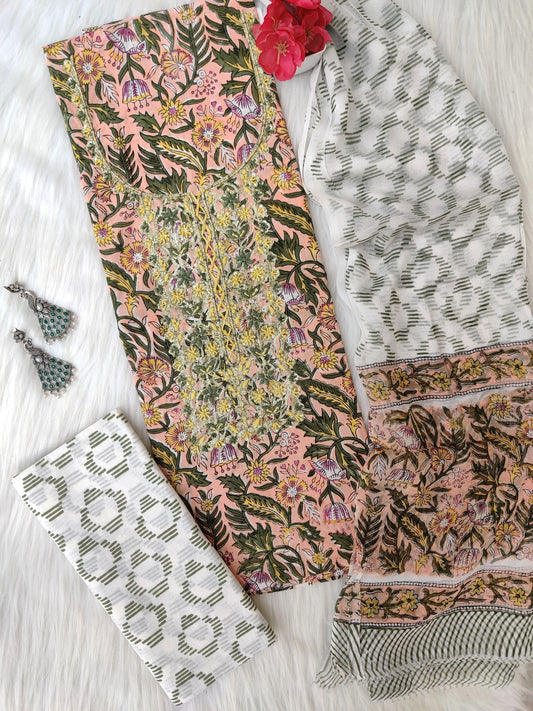 (SALE) FLORAL PRINTED COTTON GOTA PATTI SUIT WITH CHIFFON DUPATTA