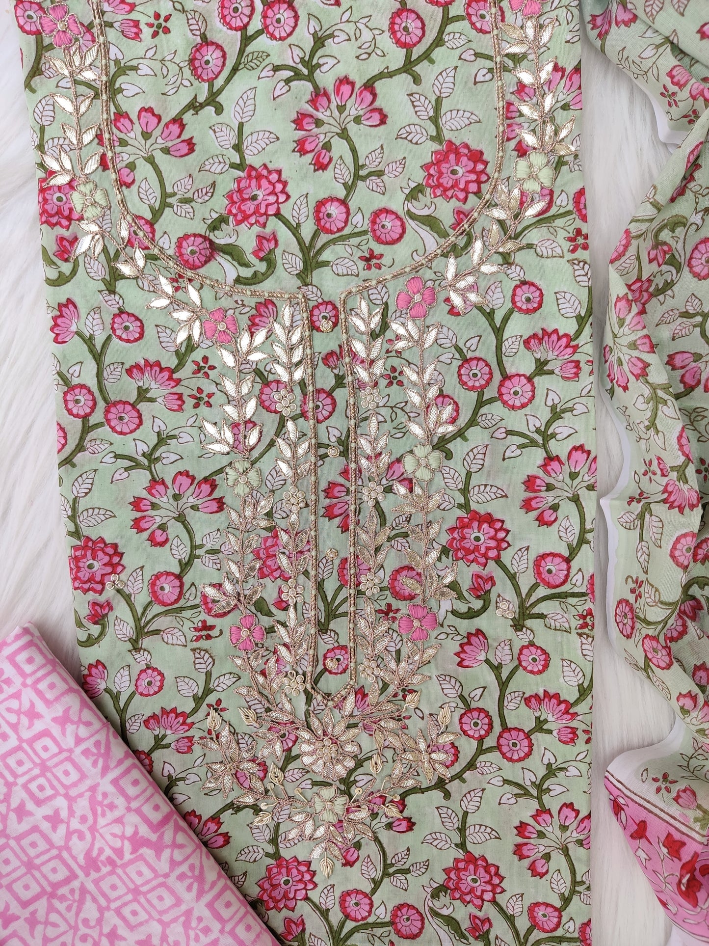 FLORAL PRINTED COTTON GOTA PATTI SUIT WITH COTTON DUPATTA