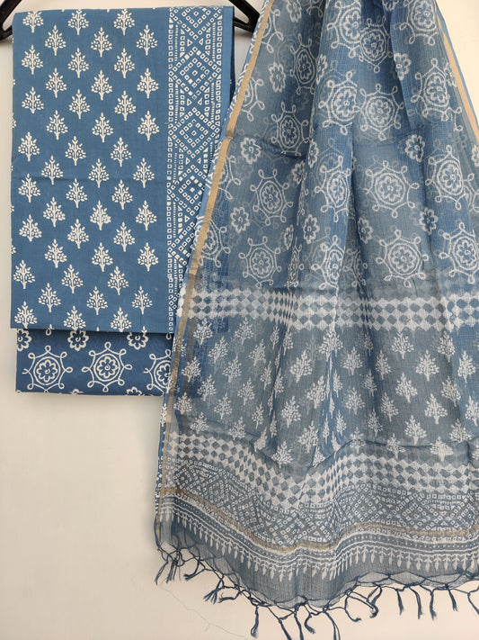 Hand Block Printed Cotton Suit with Kota Doria Dupatta3