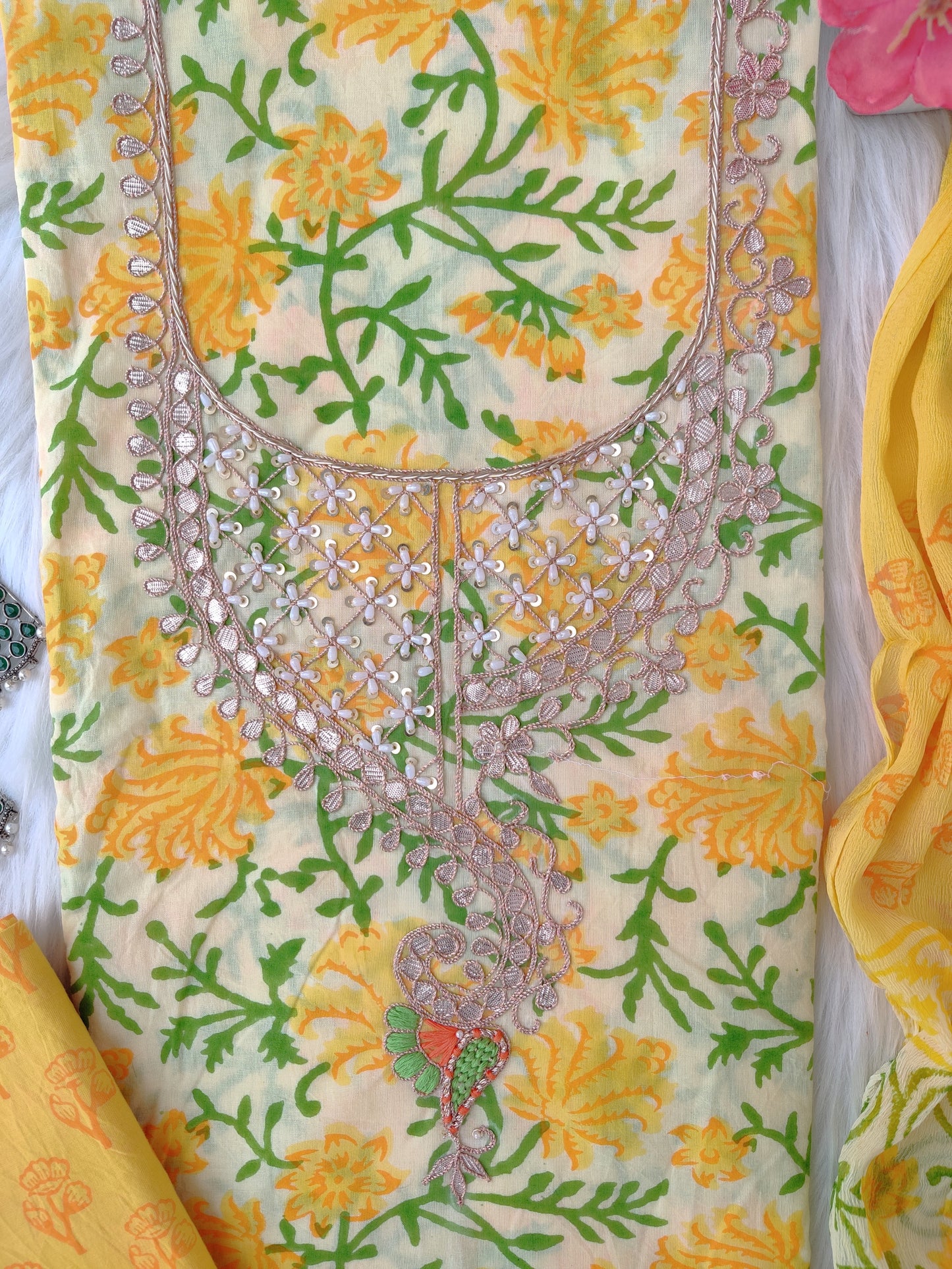 FLORAL PRINTED COTTON GOTA PATTI SUIT WITH CHIFFON DUPATTA