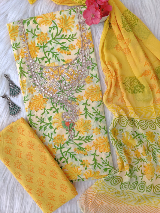 FLORAL PRINTED COTTON GOTA PATTI SUIT WITH CHIFFON DUPATTA