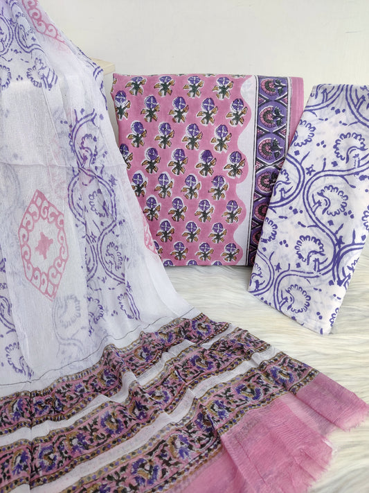 Hand Block Printed Cotton Suit with Pure Chiffon dupatta