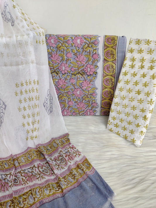 Hand Block Printed Cotton Suit with Pure Chiffon dupatta