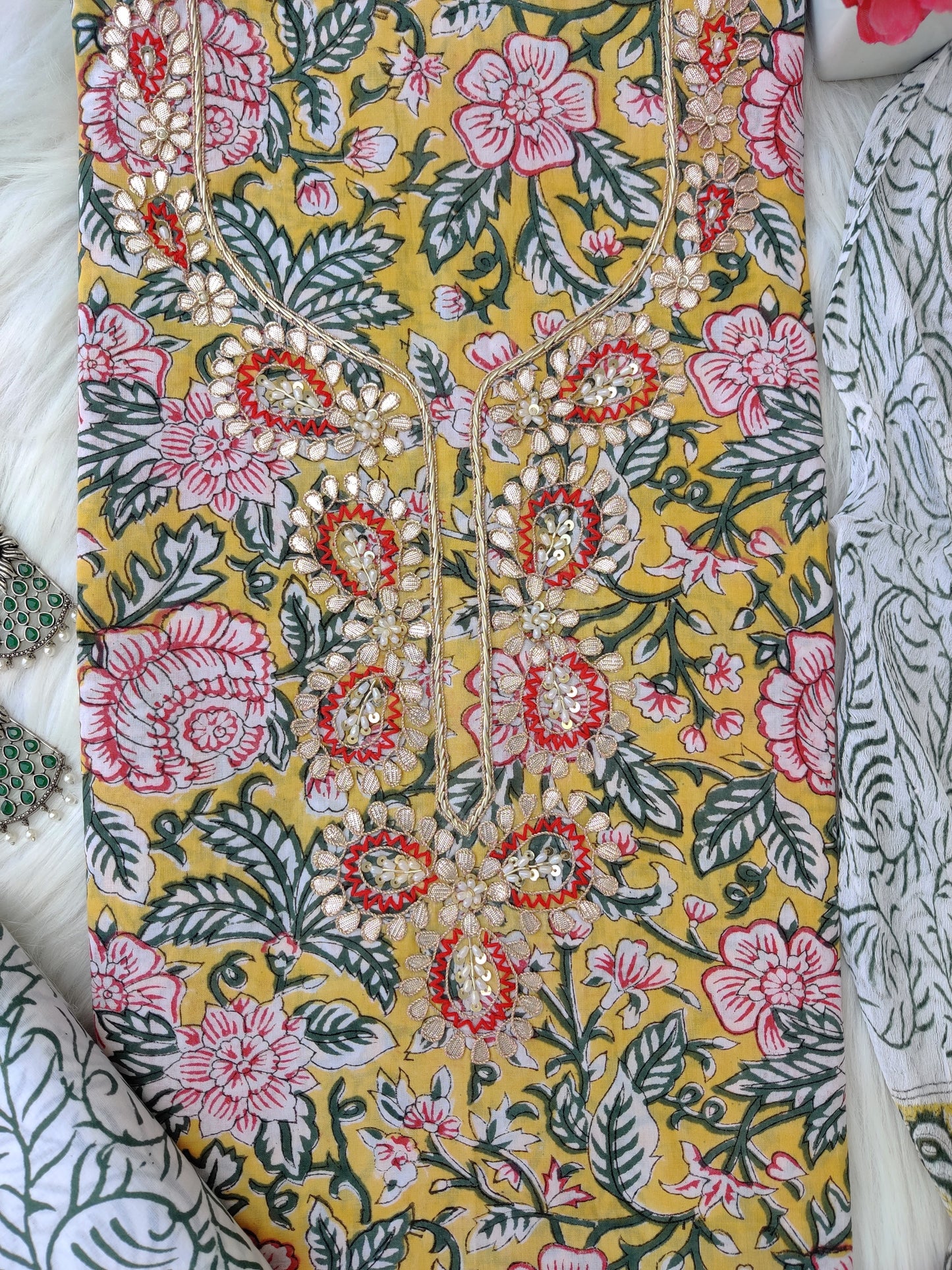 FLORAL PRINTED COTTON GOTA PATTI SUIT WITH CHIFFON DUPATTA