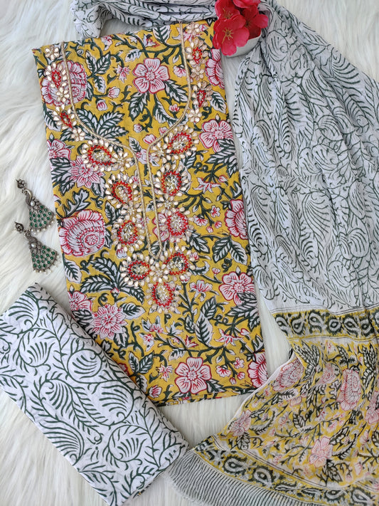 FLORAL PRINTED COTTON GOTA PATTI SUIT WITH CHIFFON DUPATTA