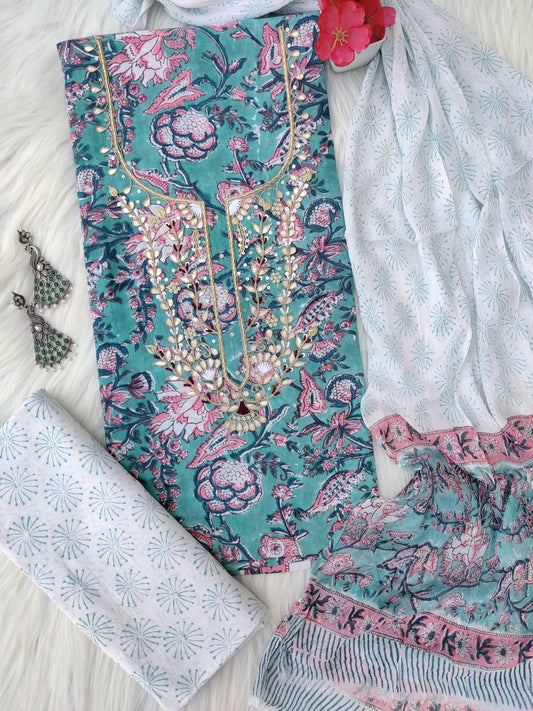 FLORAL PRINTED COTTON GOTA PATTI SUIT WITH CHIFFON DUPATTA