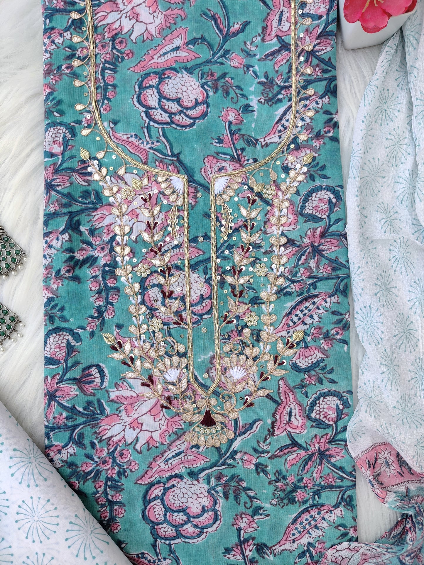 FLORAL PRINTED COTTON GOTA PATTI SUIT WITH CHIFFON DUPATTA