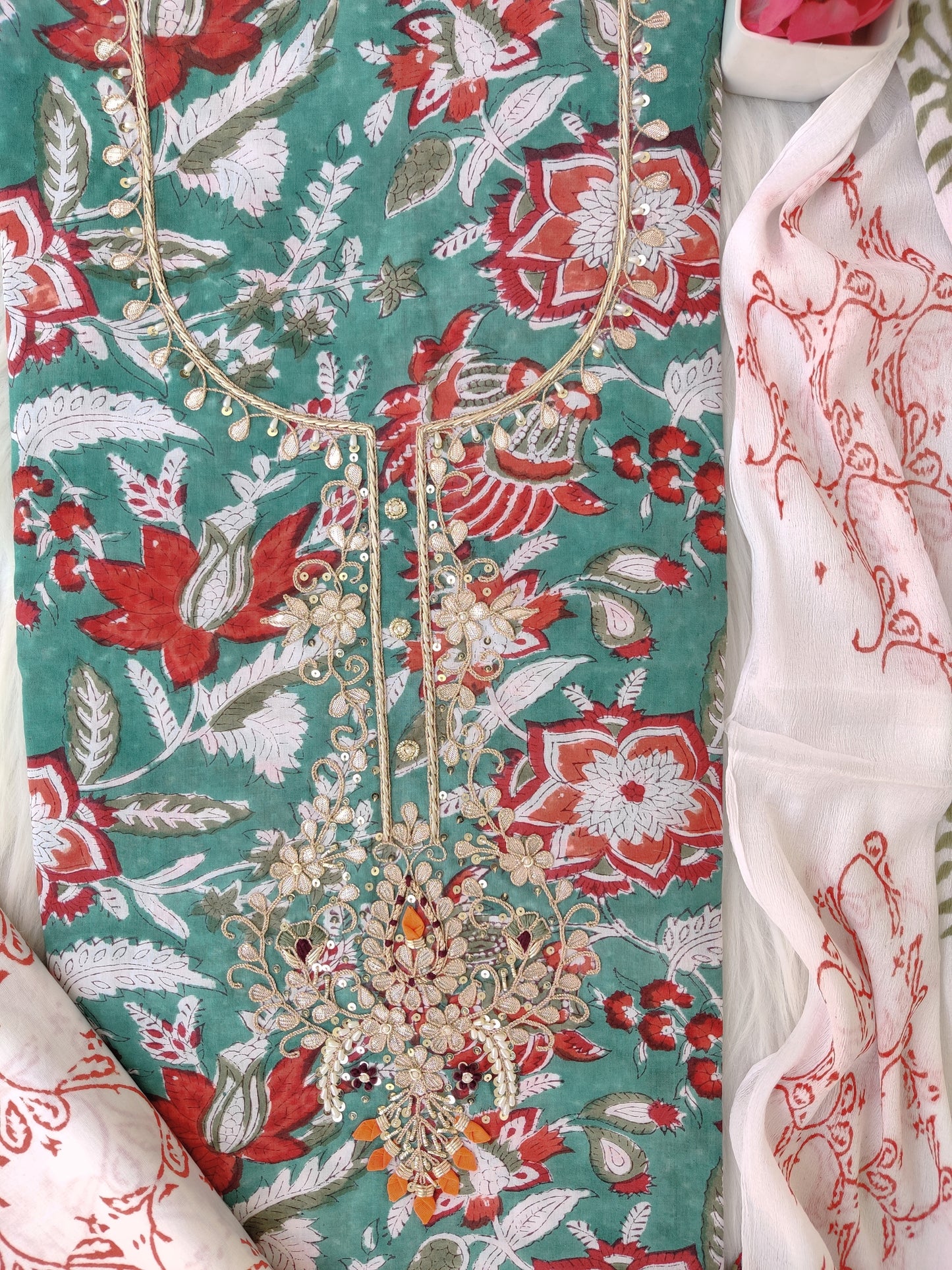 FLORAL PRINTED COTTON GOTA PATTI SUIT WITH CHIFFON DUPATTA