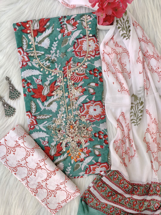 FLORAL PRINTED COTTON GOTA PATTI SUIT WITH CHIFFON DUPATTA