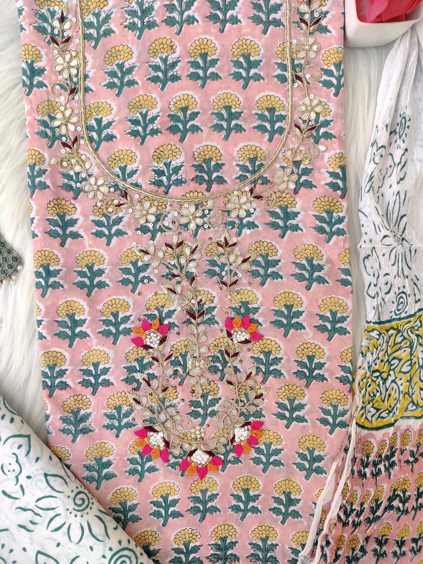 (SALE) FLORAL PRINTED COTTON GOTA PATTI SUIT WITH CHIFFON DUPATTA
