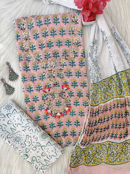 (SALE) FLORAL PRINTED COTTON GOTA PATTI SUIT WITH CHIFFON DUPATTA