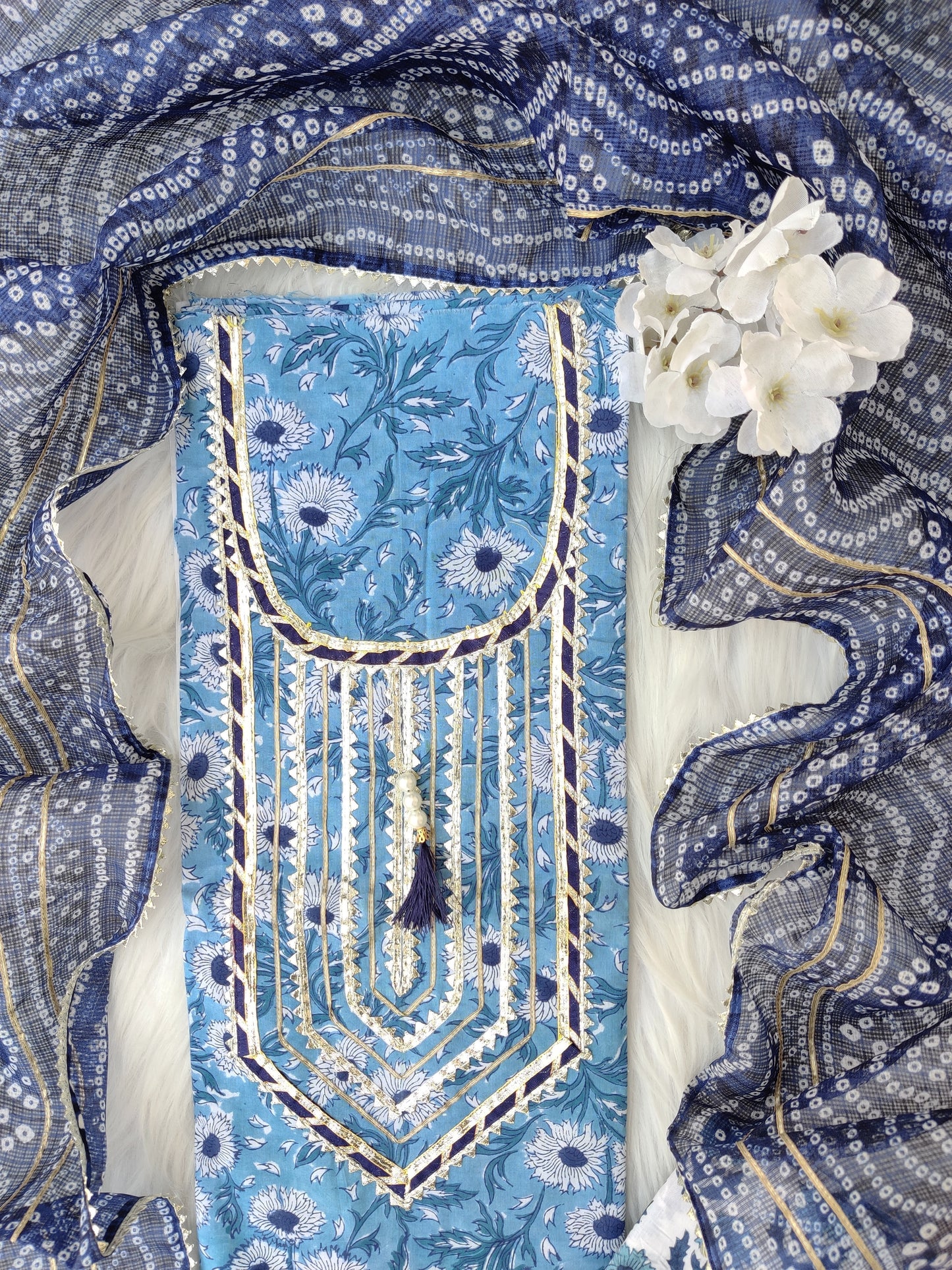 JAIPURI PRINTED COTTON GOTA WORK SUIT WITH KOTA DORIA DUPATTA