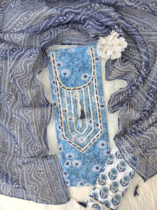 JAIPURI PRINTED COTTON GOTA WORK SUIT WITH KOTA DORIA DUPATTA
