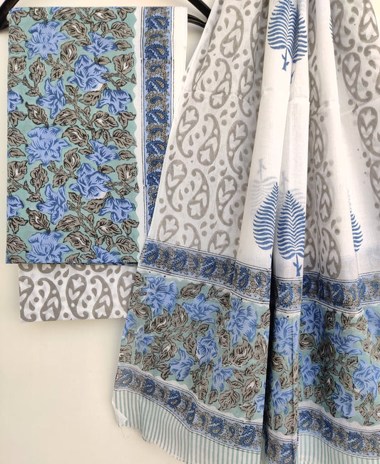 Hand Block Printed Cotton Suits with Cotton Mulmul Dupatta