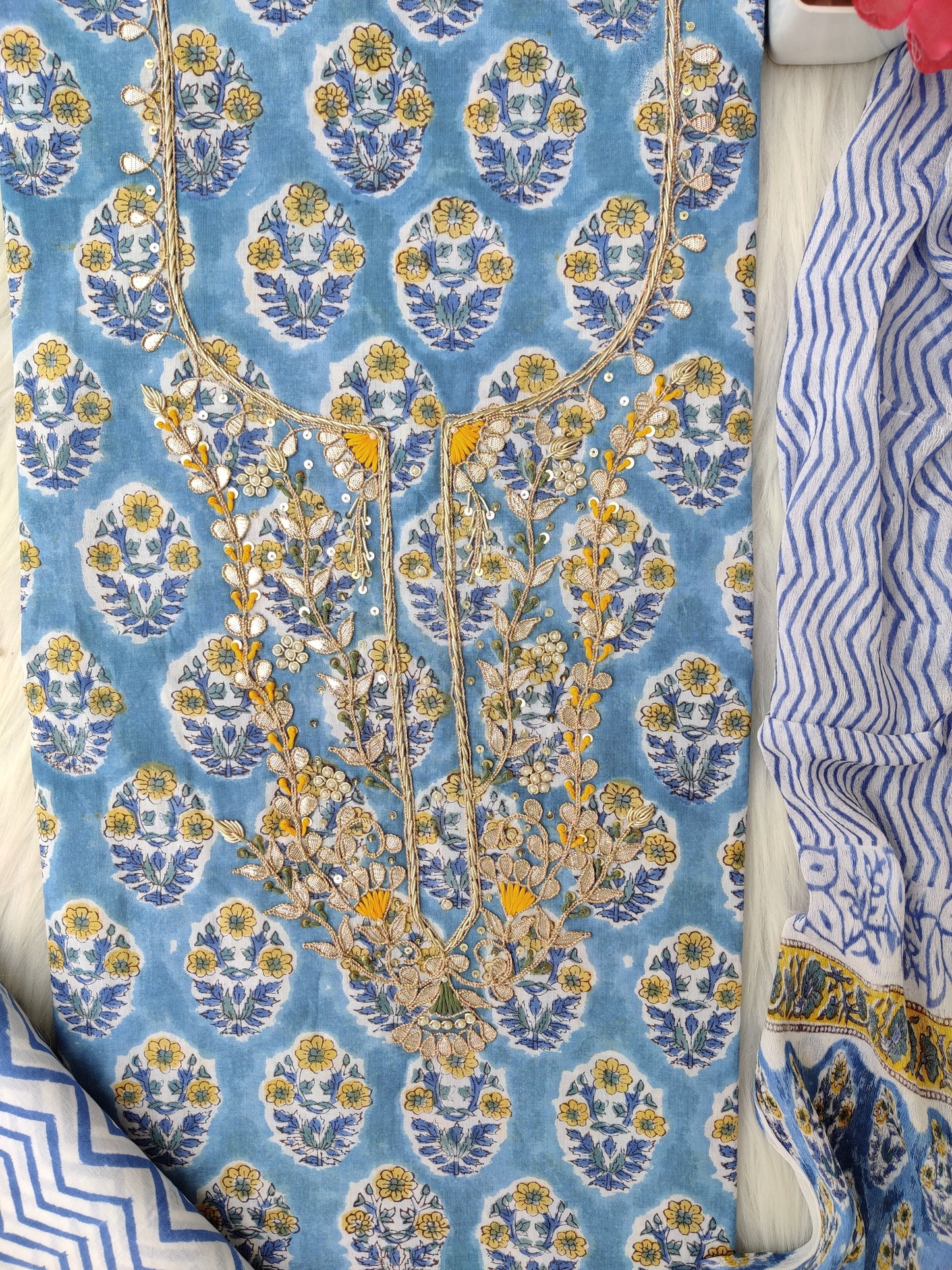 FLORAL PRINTED COTTON GOTA PATTI SUIT WITH CHIFFON DUPATTA