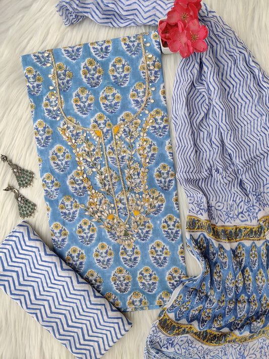 FLORAL PRINTED COTTON GOTA PATTI SUIT WITH CHIFFON DUPATTA