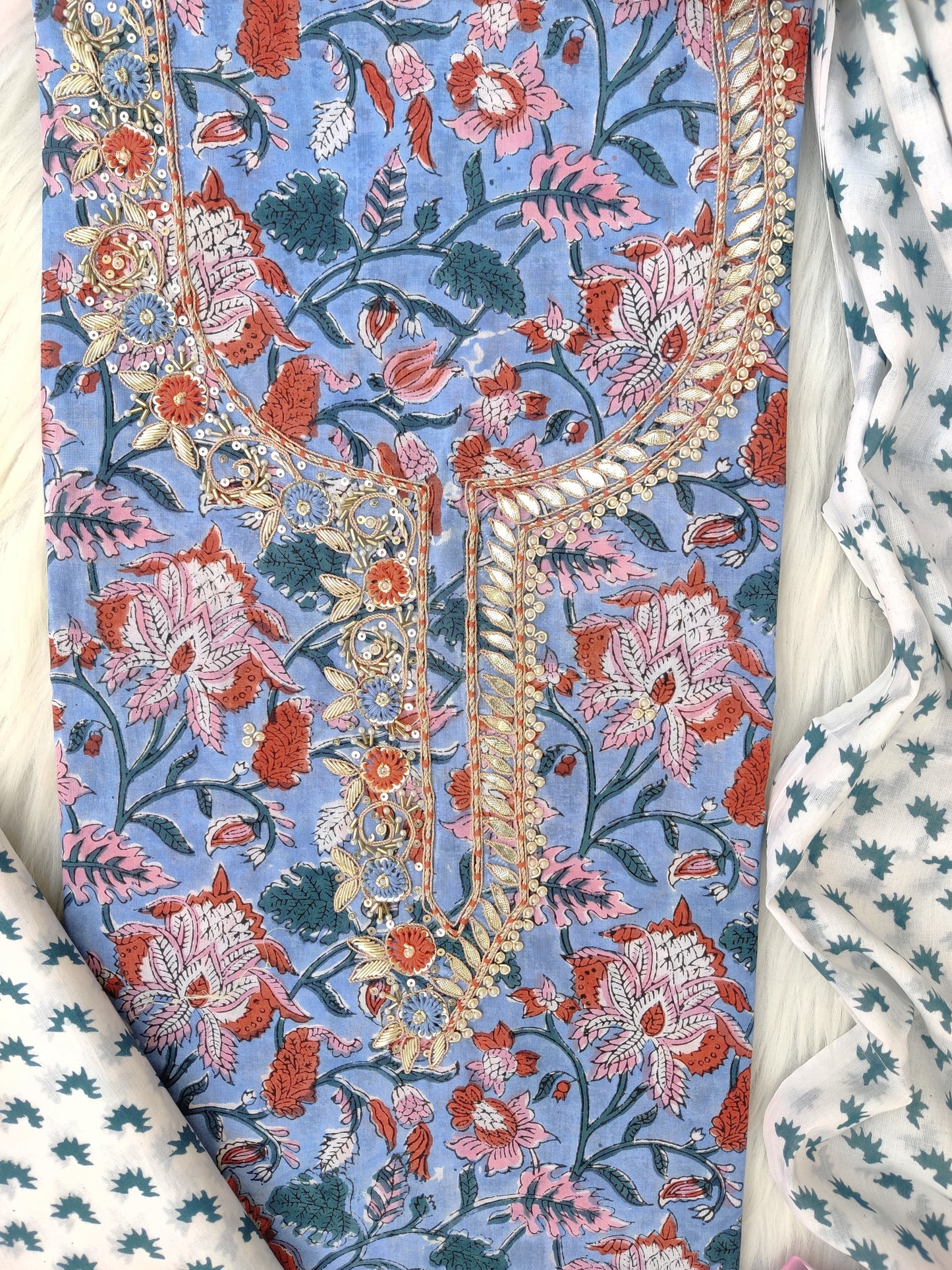 FLORAL PRINTED COTTON GOTA PATTI SUIT WITH COTTON DUPATTA