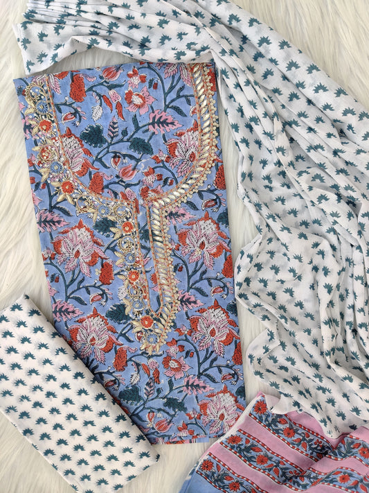 FLORAL PRINTED COTTON GOTA PATTI SUIT WITH COTTON DUPATTA
