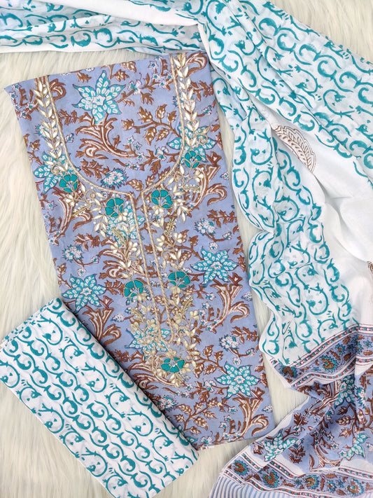 FLORAL PRINTED COTTON GOTA PATTI SUIT WITH COTTON DUPATTA
